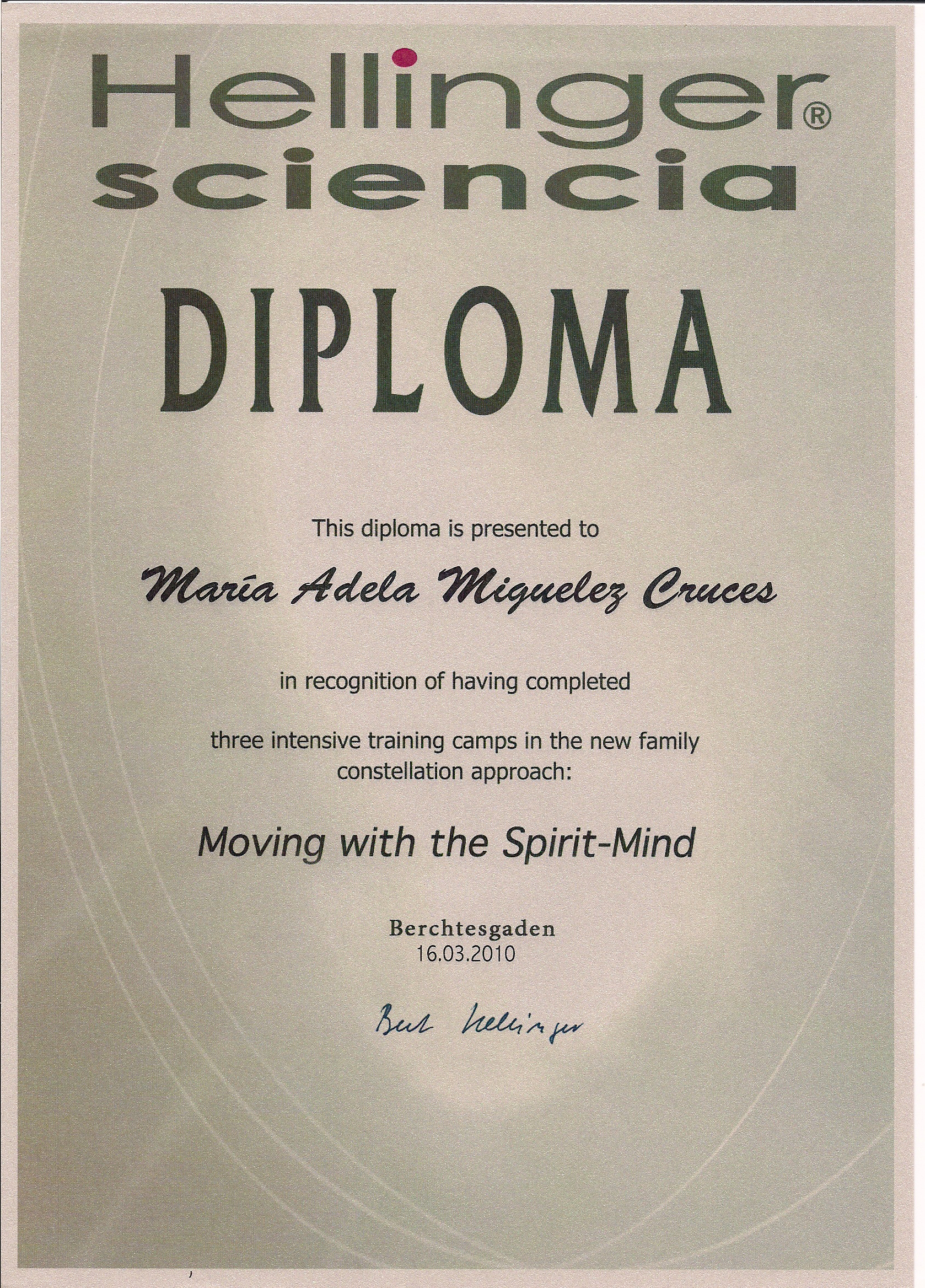 Diploma Movimientos del Espíritu Hellinger Science 2010